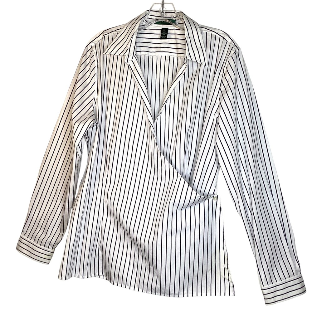 Lauren Ralph Lauren Womens XL Striped Wrap Blouse Navy White Cotton Coastal New